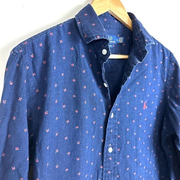 Polo Ralph Lauren Patterned Navy Blue Button Up Shirt Men’s M - Picture 2 of 9